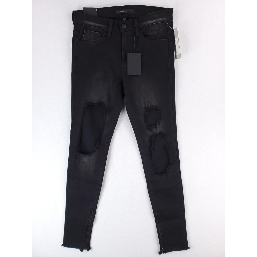 Flying Monkey Jeans Womens 25 Black Distressed High Rise Skinny Zipper Hem USA